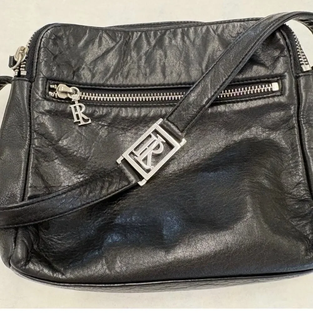 Vintage Ralph Lauren Leather Small Crossbody Bag RL Logo Black 90s Duel Zip Top